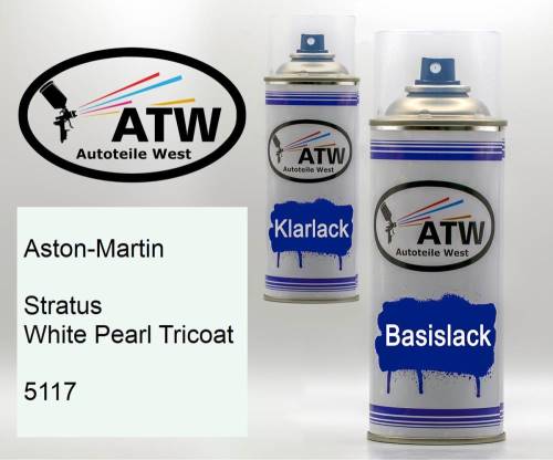 Aston-Martin, Stratus White Pearl Tricoat, 5117: 400ml Sprühdose + 400ml Klarlack - Set, von ATW Autoteile West.